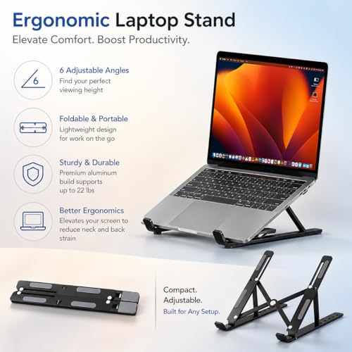 Image of Laptop Stand Adjustable Foldable Metal Laptop Riser Portable Notebook Stand with Multi Angle Positions Desktop Laptop Holder Stand for Desk Use Black
