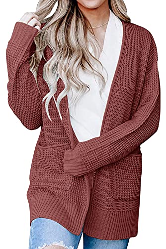 MEROKEETY Womens Long Sleeve Waffle Knit Cardigan Open Front Side Slit Sweater Brickred