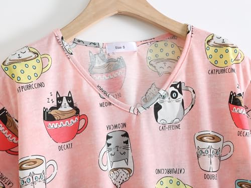 Image of CHUNG Women Cotton Pajama Sets Sleepwear pjs Short Sleeve Shirt Capri Length Crop Pants Cute Vivid Print