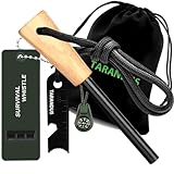 Ferro Rod Fire Starter Survival Tool – 3/8' Thick Fire Steel with 20,000 Strikes – Waterproof Flint and Steel Kit, Ferro Rod with Striker Wood Handle, Lanyard, Compass, and Emergency Whistle