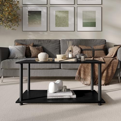 Castle Place Coffee Table with Open Storage Shelf, Modern Design, Black