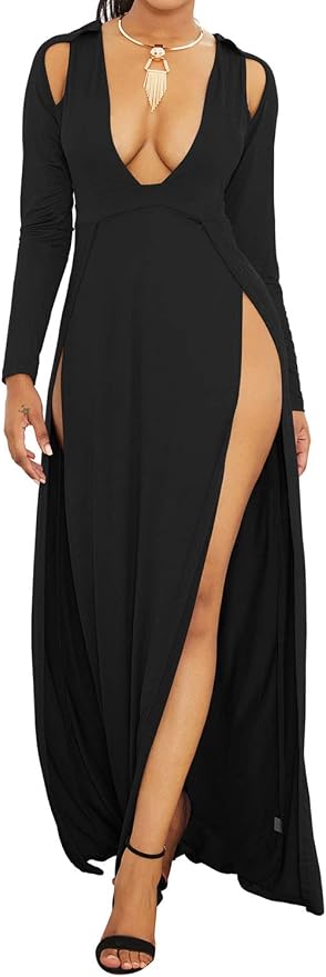 High Slit Plunging V Neck Long Sleeve 