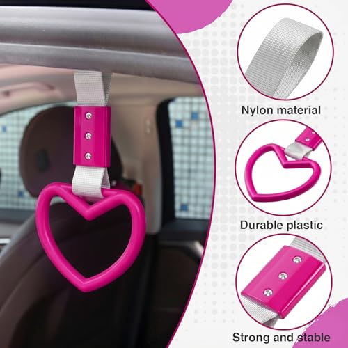 Image of 2PCS Heart Shaped Car Handle Straps, Rear Bumper Warning Keychain Ring for Car Exterior Accessories (Hot Pink-Silver)