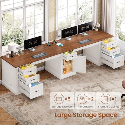 Image of SEDETA Farmhouse 110.3 inch Two Person Desk with 7 Drawers, Long Computer Desk with Storage Cabinet, 2 Person Desk with Power Outlets for Home Office, White+Brown