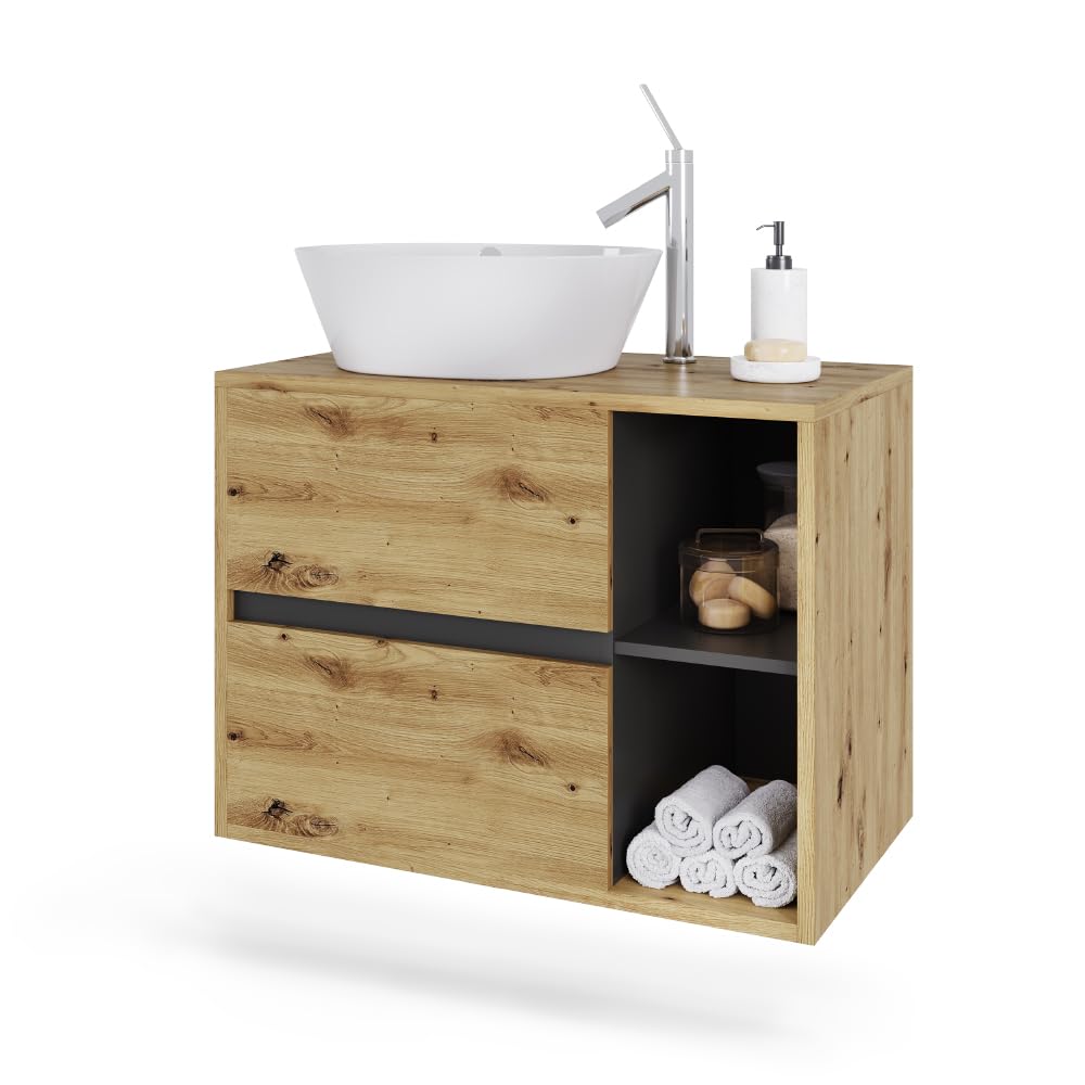 Vicco Mobiletto per lavabo Viola, Artigiano/grigio, 80 x 60 cm con 2 cassetti, con intaglio per sifone per installazione sospesa a parete