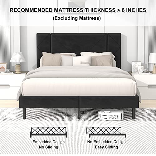 Flolinda Queen Bed Frame, Upholstered Bed Frame Queen Size With Tufted Velvet Headboard, Mattress Foundation, Strong Wood Slat Support Double Bed Frame, No Box Spring Needed, Easy Assembly,Black #TOP7