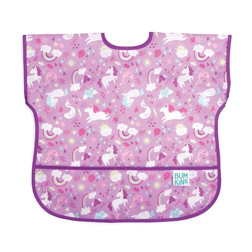 Image of Bumkins Short Sleeve Bib for Girl or Boy, Toddler and Kids for 1-3 Years, Large Size, Essential Must Have for Junior Children, Eating, Mess Saving Soft Fabric Apron for Play, Unicorns Purple