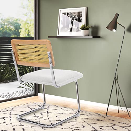 Maslier Mid-Century Modern Dining Chairs Rattan Kitchen Chairs Accent Dining Chairs Armless Mesh Cane Backrest Chairs,Upholstered Fabric With Metal Chrome Legs,Leisure Rattan Chair Set Of 2, White #TOP5
