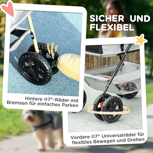 PawHut Hundewagen 3 in 1 Hundebuggy klappbar für Hunde & Katzen bis 4 kg Katzenbuggy mit Kissen Netzfenstern Getränkehalter Aufbewahrungskorb Katzenwagen Buggy Hellgrau