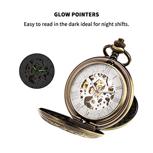 Image of TREEWETO Men's Mechanical Skeleton Pocket Watch for Mens Women Blue Roman Numerals Dial Double Case Pocket Watches
