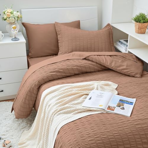 Image of HYMOKEGE Mocha Mousse Twin XL Comforter Set Seersucker 5 Pieces, All Season Luxury Bed in a Bag for Bedroom, Bedding Set with Comforter, Sheets, Pillowcase & Sham