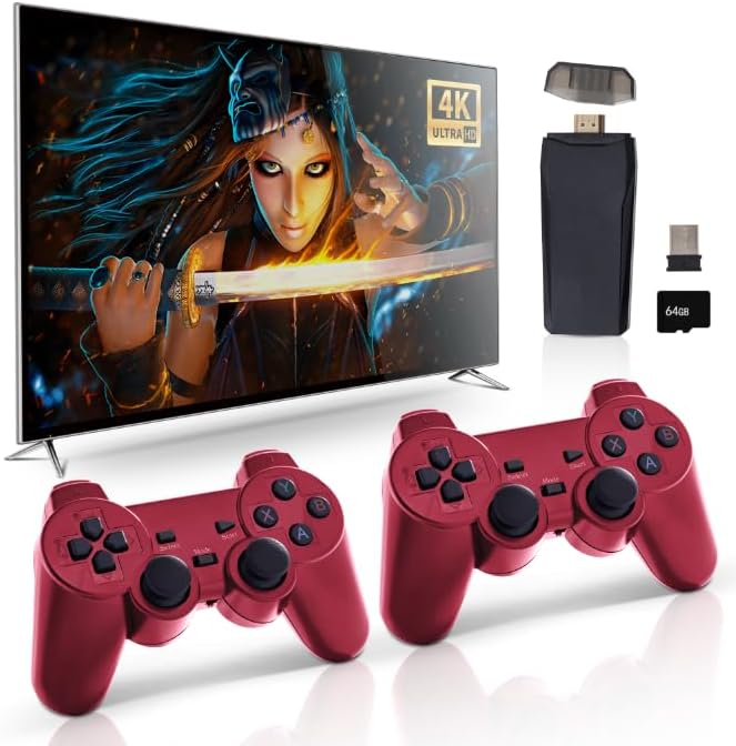 Retro Game Console, Wireless Retro Game Console, Built-in 25000+ Games, Built-in 9 Emulators, 4K HDMI Output, Plug and Play Video Games,Red 64G