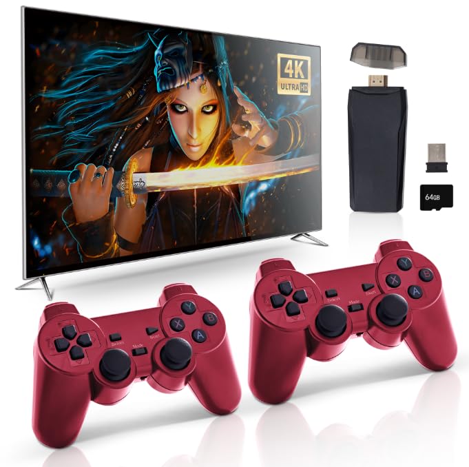 Retro Game Console, Wireless Retro Game Console, Built-in 25000+ Games, Built-in 9 Emulators, 4K HDMI Output, Plug and Play Video Games,Red 64G