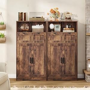 Storage cabinet with doors shelves kitchen storage cabinet with 2 drawers pantry cabinet for living room kitchen home office rustic brown  urban country home decor