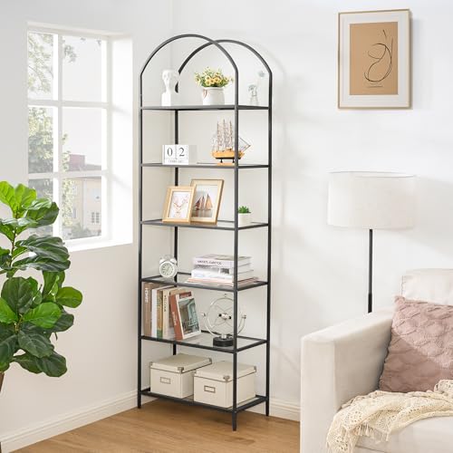Homhedy Bookshelf Arched Display Racks,Metal Bookcase,Tempered Glass Shelves,Storage Rack Shelf for Home Office,Living Room,Bedroom, Bathroom,Modern Style (Black, 11.8