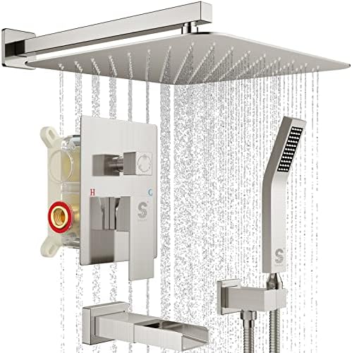 SR SUN RISE 12 Inches All Metal Bathtub Faucet Set Shower System with Tub Spout Square Rain Shower Head and Handheld Combo Shower Fixtues, Modern Valve and Trim Kit, Brushed Nickel