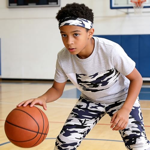 Image of OLMRJKD Boys 2 Piece Outfits Color Block Clothes Short Sleeve T Shirt and Camouflage Pants Summer Clothing Sets