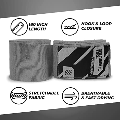 Sanabul Elastic Professional 180 inch Handwraps for Boxing Kickboxing Muay Thai MMA (Silver, 180 inch)