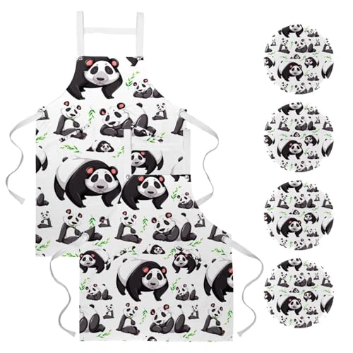 Tablier de cuisine pour patisserie et restaurant avec motif panda multicolore et 4 broches