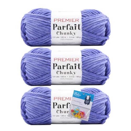 Image of Premier Yarns Parfait Chunky Chenille 3.5 Oz Super Bulky Weight 3 Pack Bundle with Bella's Stitch Place Holders (Periwinkle)