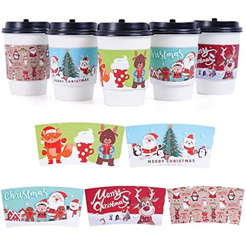Smarimple Christmas Coffee Cup Sleeves 40 Count Hot Chocolate Cocoa Paper Cup Sleeves, Double-Layer Protective Heat Cold Drinks Insulated for Tea Cold Beverage Fits 12 oz to 20 oz Cups, 5 Designs Cover
