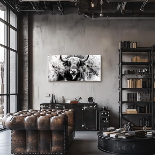 SERIMINO Bull Black and White Wall Art, Western Highland Cow Large Artwork, Animal Buffalo Canvas Prints, Modern Industrial Wall Decor Living Room Bedroom, Office Horizontal Pictures 20X40 Inch
