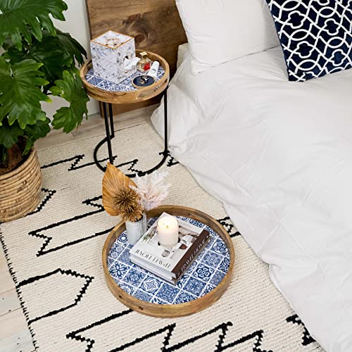Willow And Moore Side-Nesting Table-Set Of 2 For Living Room. Small End Table Set For Space Saving With Sturdy Metal Frame And A Wooden Top. Moroccan Style, Blue And White Small Side Tables Set #TOP4
