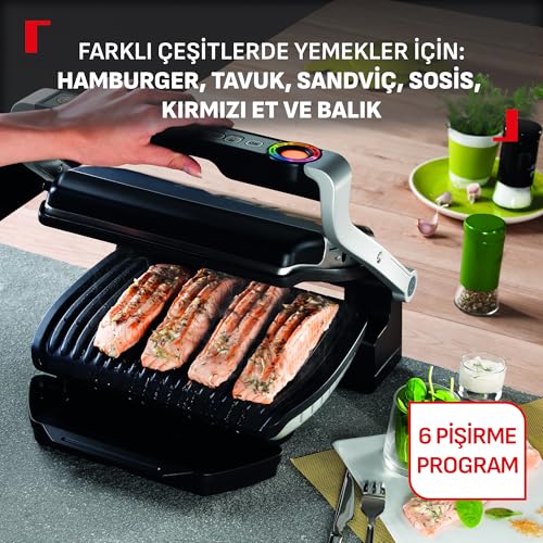 Foto von Tefal OptiGrill GC712D34 Kontaktgrill, 6 automatische Programme, Garstufenanzeige, 4 manuelle Temperaturstufen, 2000 W Elektrogrill, abnehmbare Platten, Titan-Metall
