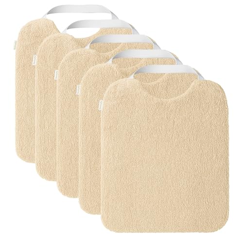 Amarsupiel Pack de 5 Baberos Rizo Bebe Impermeables | Con Goma al Cuello Fáciles de Poner y Quitar | Impermeables y Absorbentes, Perfectos para la Guarderia - Algodón 100% - Color Beige