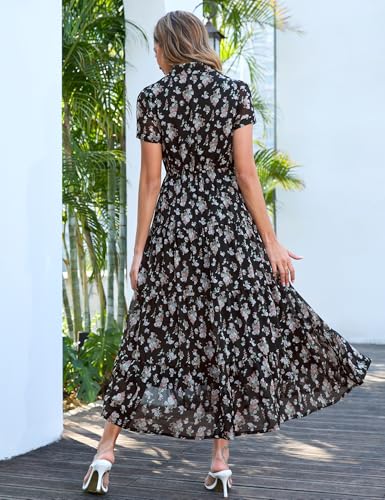 Image of Kranda Women 2026 Summer Collared V Neck Short Sleeve Button Down Chiffon Long Tiered Floral Maxi Dress with Pockets