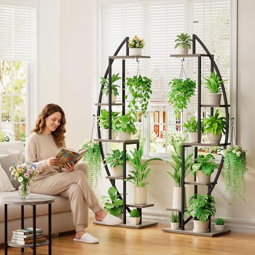Image of BACEKOLL Plant Stand Indoor with Grow Lights, 6 Tiered Tall Plant Shelf, 63 inch Metal Plant Stand for Indoor Plants Multiple, Half-Moon Plant Rack Display Shelf, 2 Pcs Plant Holder for Living Room, Grey