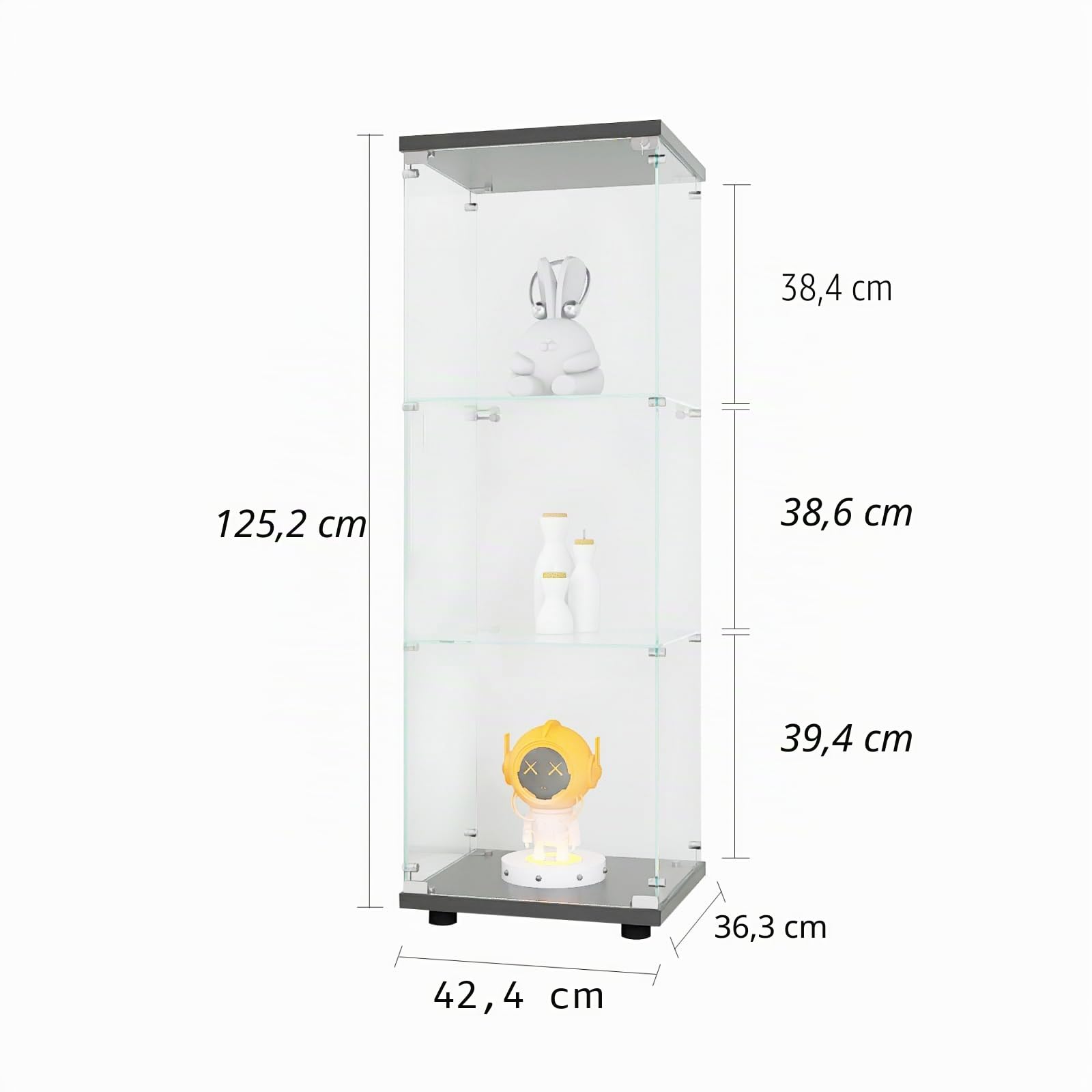 Vitrina de cristal negro, 3 capas, cristal y madera, cerradura, vitrina de pie, para coleccionables, libros, vino, oficina, salón, cocina, 125 x 42 x 36 cm
