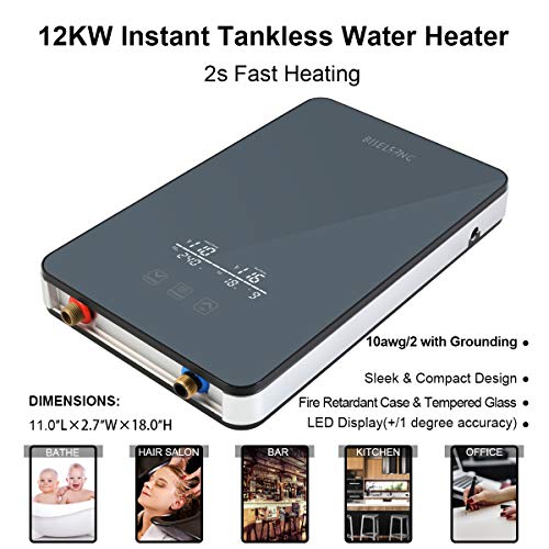 Electric Tankless Hot Water Heater 220/240V Instant,Suitable Shower Sink Kitchen Bathroom Bathtub RV Whole House, Hot Water Output of 1.8 GPM,2 PCs 16” Long 1/2”FIP copper head hose (Black 12KW) - Thumbnail 2