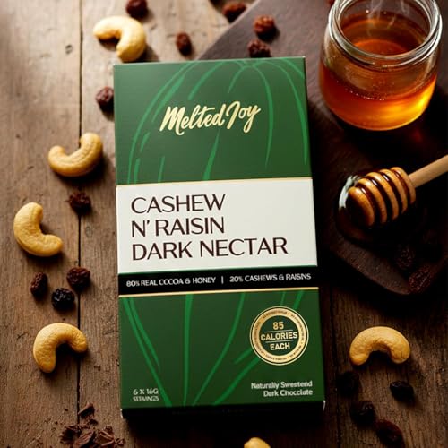Image of Melted Joy Cashew N'Raisin Dark Nectar | 85 Calorie Dark Chocolate Squares - Portion Sized for Fat Loss | Naturally Sweetened with Honey | Pack of 6 (Set of 3)