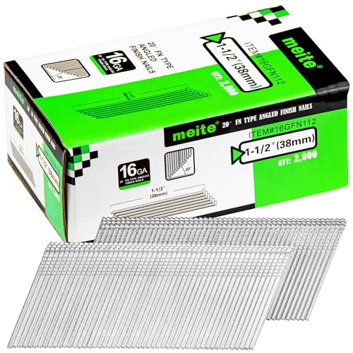 meite 16 Gauge 20 Degree Angled Finish Nails 1-1/2 Inch Galvanized Rust-Proof Finishing Nails for Electric or Pneumatic Finish Nailer - Cabinet Crown Baseboard Trim & Molding (2,000 PCS)
