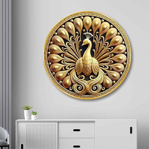 Image of SAF Golden Peacock Round Wall Art | 3D Embossed MDF Panel with Metallic Finish | Luxurious Home & Office Wall Decor | Elegant Artistic Frame for Living Room, Bedroom (20 x 20 Inch) GRL-304