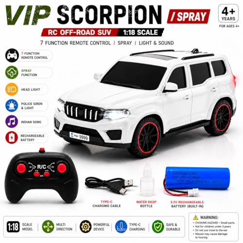Image of The Flyers Bay 1:18 Scale Scorpio-Style Remote Control SUV Car for Kids | 2.4GHz Long Range Remote, Spray Mist Effect, Police Lights & Siren, Rechargeable Battery (White)
