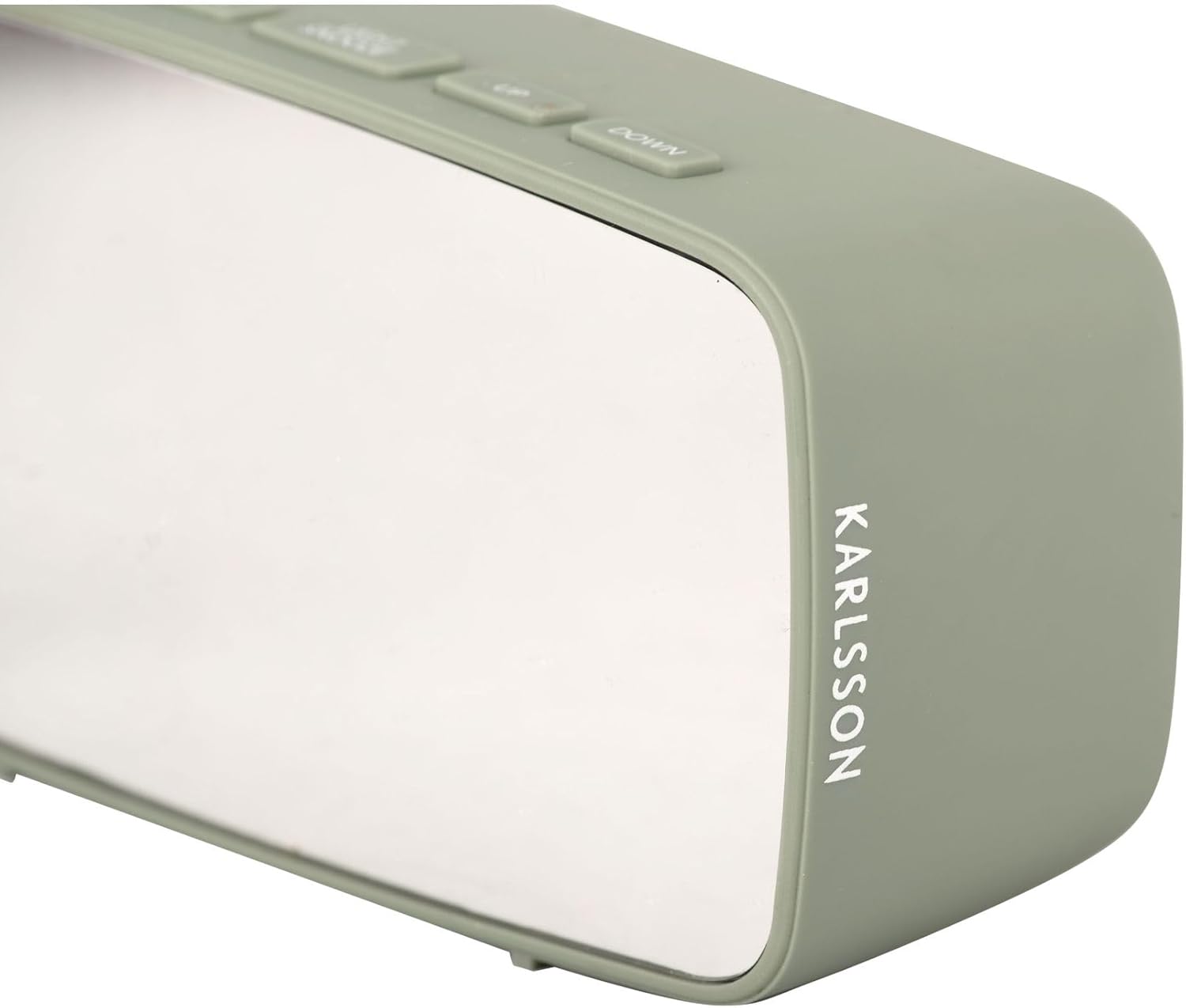 Side view of Karlsson Silver Mirror LED Alarm Clock showing 'KARLSSON' branding