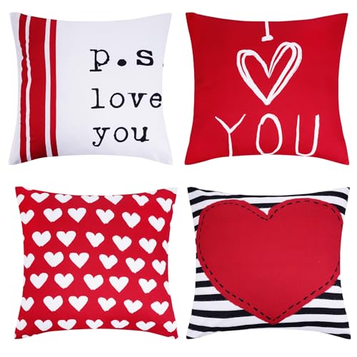 Yymobt Valentinstag-Kissenbezüge mit Herzmotiv, gestreift, 45,7 x 45,7 cm, für Hochzeitstag, Sofa, Zuhause, 4 Stück