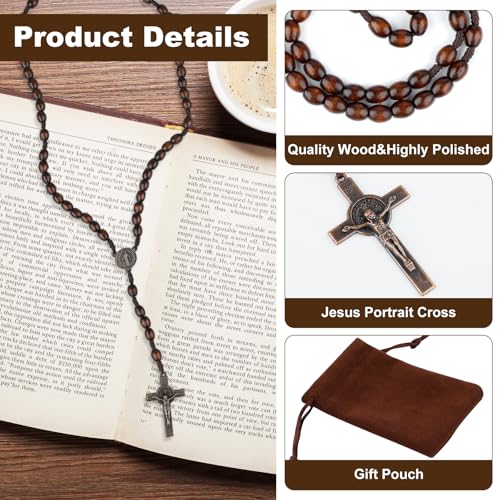 Wooden Bead Rosary Necklace, Catholic Rosary Wood Carved Beads with Jesus Cross, Wood Rosarys Beads Necklace Bulk with Organza Bags Pouch Baptism Favors3