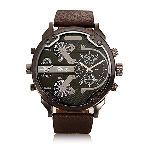 Famous Designer Mens Watches Dual Time Zone Quartz-Watch Oulm Leather Strap Big Face Military Quartz Clock Relogio Masculino #TOP18