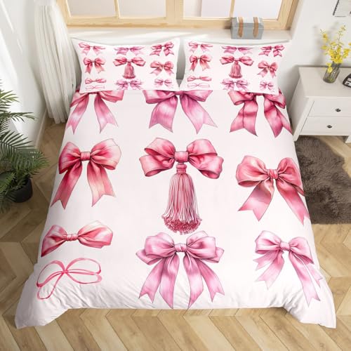 Housse de couette préppy coquette nœud rose et parure lit simple - 2
