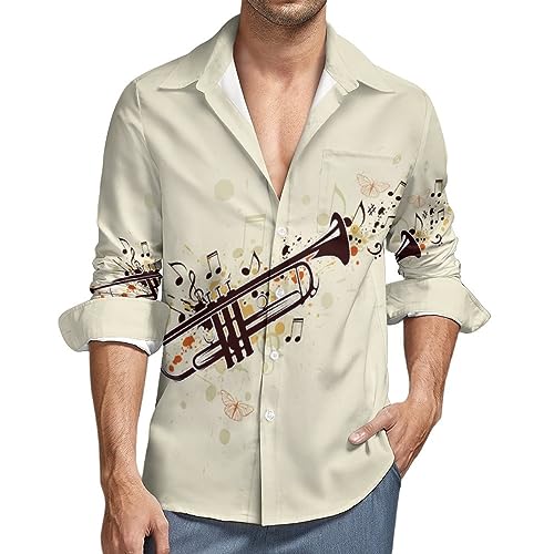 Trumpet and Notes Mens Long Sleeve Shirts Casual Button Down Shirts for Men Summer Beach Tees with Pocket
