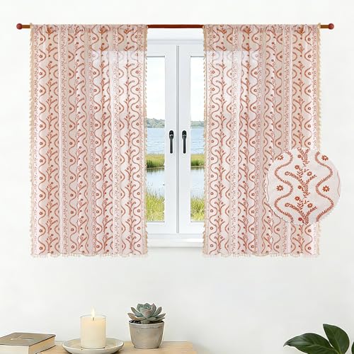 Image of Boho Farmhouse Curtains for Living Room 2 Panels, Floral Fall Curtains 54 Inches Long,Privacy Country Vine Pattern Bedroom Curtain,Let Light in Window Drapes Beige