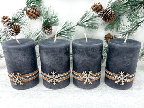 ZauberDeko 4 Adventskerzen Kerzen Stumpenkerzen Grau Silber Holz Weihnachten Advent Deko Tischdeko, Unparfümiert – Bild 2