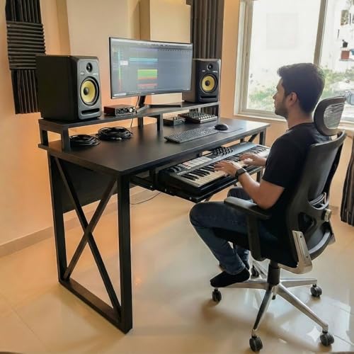 Image of FFo Music Studio Desk | Music Studio Desk with Keyboard Tray | Workstation,Laptop PC Computer, Music Instrument Table for Music Producers | (Black) | (120L x 60W x 87H CM) | (DIY)