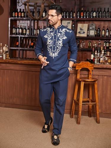 Daupanzees Mens African 2 Piece Set Metallic Traditional Suit Gold Embroidered Shirt African Dashiki Shirt and Pants Outfit4
