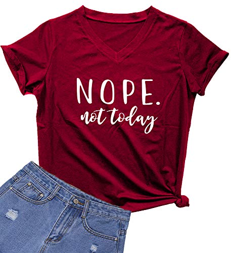 MIMOORN Womens Summer Letter Printed V Neck T-Shirt Loose Causal Short Sleeve Tops Wine Red Medium