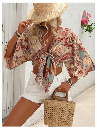 GORGLITTER Women's Boho Tie Front Crop Tops 3/4 Length Sleeve Paisley Blouse Shirt4