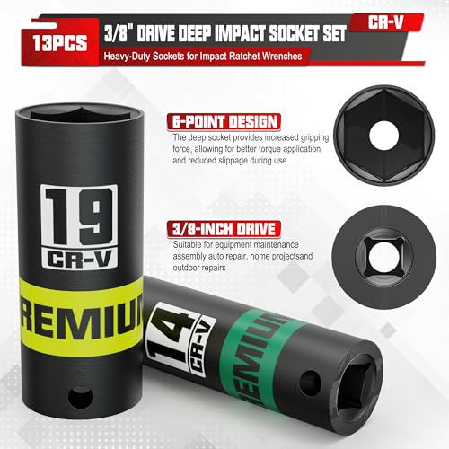 Image of 13-Piece 3 /8 inch Drive Deep Impact Socket Set, 7-19mm, CR-V, 6 Point, Heavy-Duty Sockets for Impact Wrenches, Automotive and Home